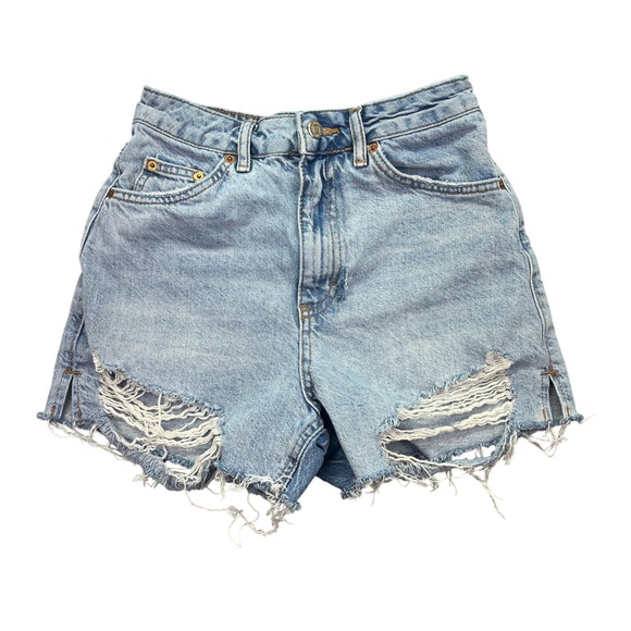 Topshop Denim Shorts Distressed Ripped High Waist Blue Jean Shorts US 2 Fits 25" - Picture 1 of 9